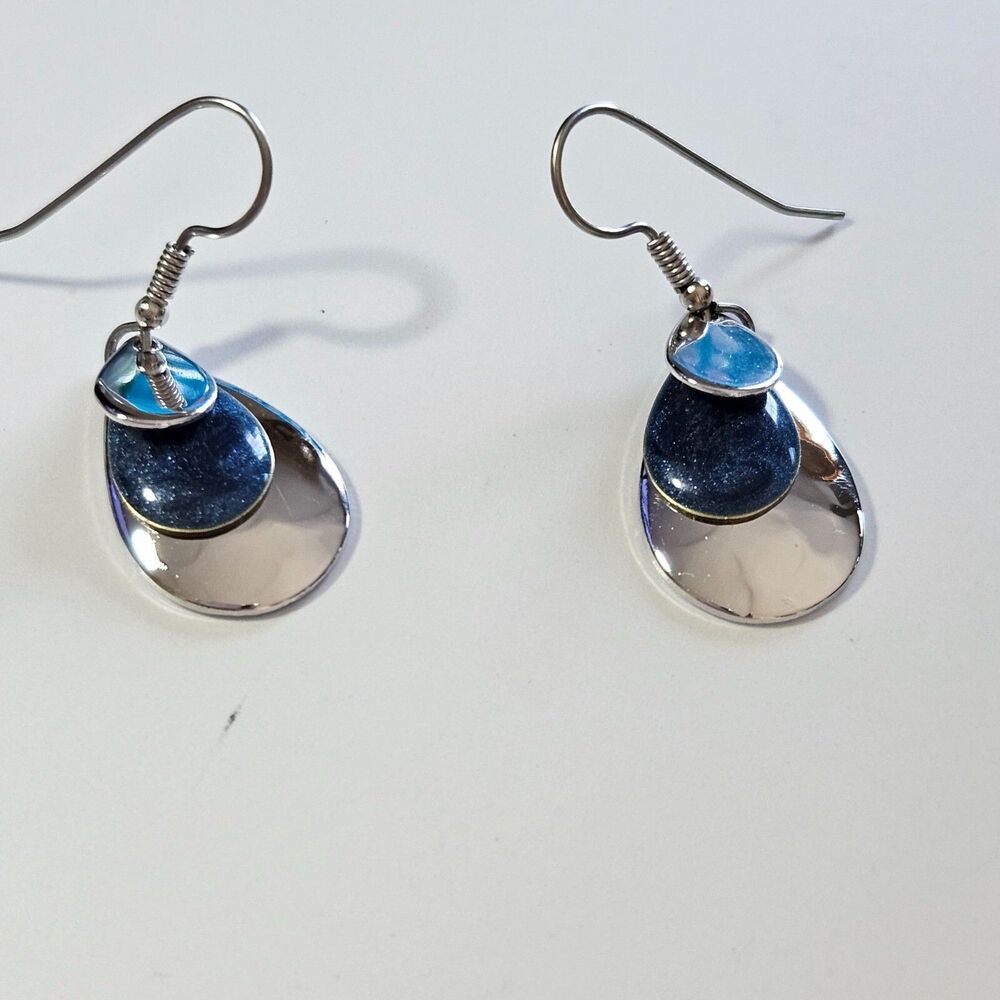 Silver Forest Blue Enamel Teardrop Layered Earrings